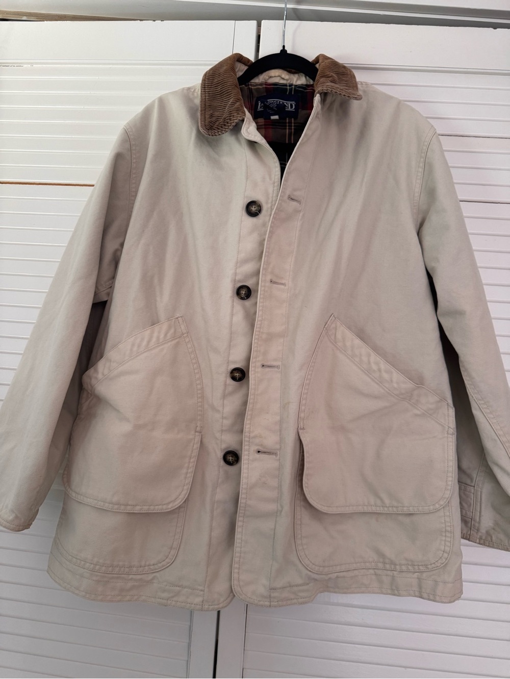 Vintage Lands End Men's Beige Field Jacket with Corduroy Collar plaid lining